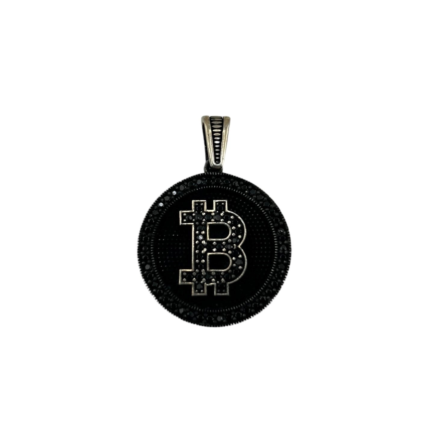 Sterling Silver CZ Bitcoin Mens Pendant