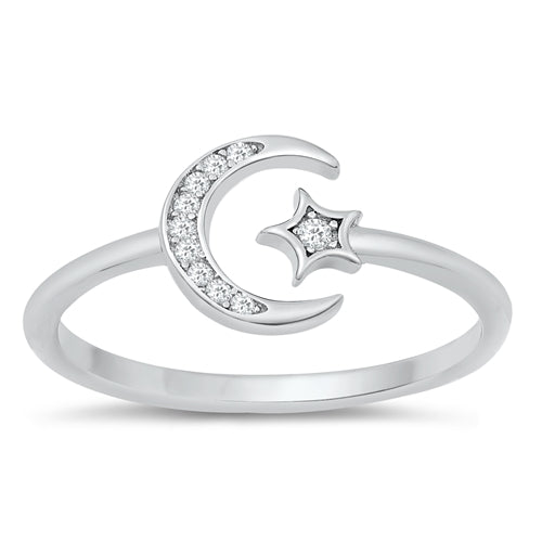 Sterling Silver Crescent Moon &amp; Star CZ Ring